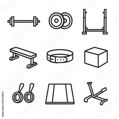 Powerlifting Equipment Icons. Outline icon set of powerlifting equipment: barbell, weight plates, squat rack, bench, lifting belt,