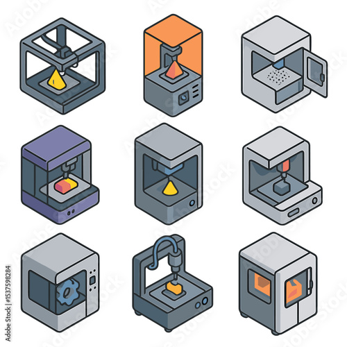 3D Printer Icon Set. Isometric Flat icon set of 3D printer types: FDM printer, SLA printer, SLS printer, DLP printer, PolyJet