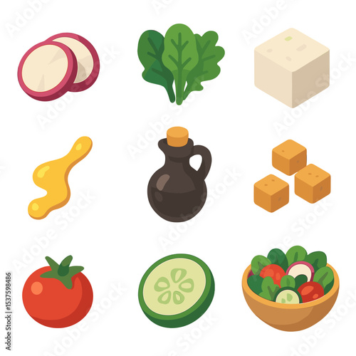 Radish Salad Icon Set. Isometric Flat icon set of radish salad variations: sliced radish, mixed greens, feta cheese cube, olive