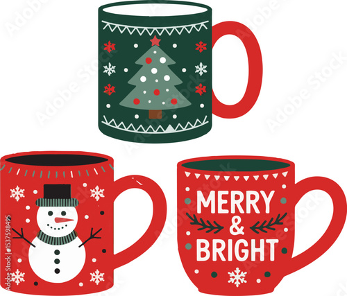Festive christmas mugs with holiday designs of a christmas tree snowman and merry bright message