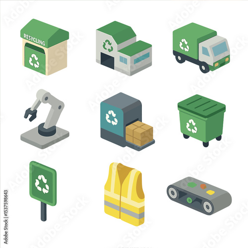 Recycling Icons Set. Isometric Flat icon set of recycling infrastructure: drop-off center kiosk, material recovery facility,