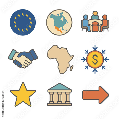 Regional Trade Blocs Icons. Isometric Flat icon set of regional trade blocs: European Union flag circle, NAFTA map badge, ASEAN