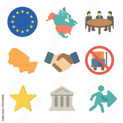 Regional Trade Blocs Icons. Isometric Flat icon set of regional trade blocs: European Union flag circle, NAFTA map badge, ASEAN