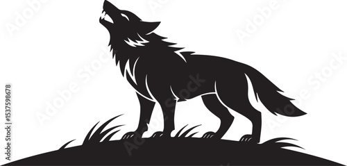 Silhouette illustration of a howling wolf standing proudly on a small hillside
