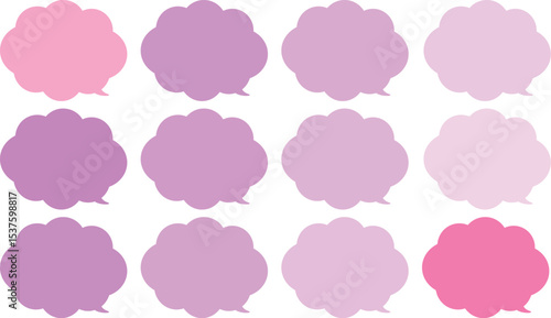 All the bubbles have a distinctive, rounded, cloud-like, or scalloped edge design. This vector image features twelve speech bubbles.