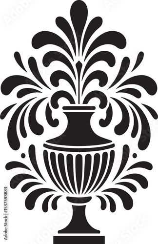 Elegant vector illustration of a decorative urn design with floral accents in black and white