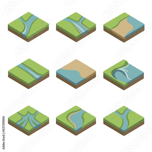 River Delta Icon Set. Isometric Flat icon set of river delta geomorphology: distributary channel, estuary mouth, sediment deposit,