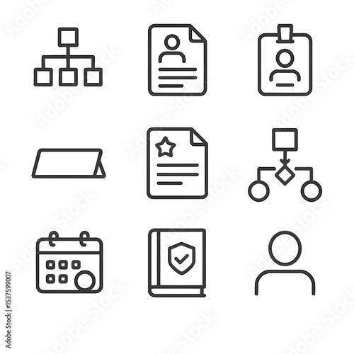 Role Clarity Icons. Outline icon set of role clarity and expectations: org chart node, job description document, ID badge, desk