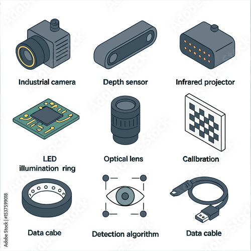Robotic Vision Icons. Isometric Flat icon set of robotic vision systems: industrial camera, depth sensor, infrared projector,