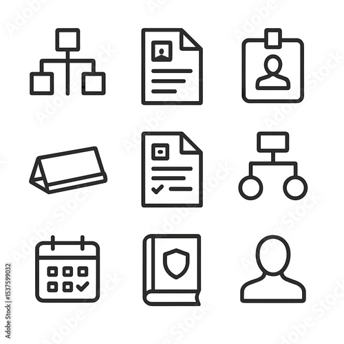 Role Clarity Icons. Outline icon set of role clarity and expectations: org chart node, job description document, ID badge, desk