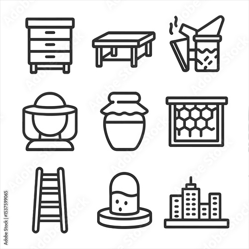 Rooftop Beekeeping Icons. Outline icon set of rooftop beekeeping setups: hive box, rooftop platform, bee smoker, protective veil,