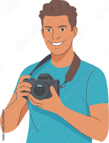 Smiling photographer holding a digital camera with a camera strap illustration