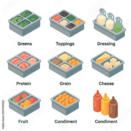 Salad Bar Icons Grid. Isometric Flat icon set of salad bar stations: greens station, toppings station, dressing station, protein