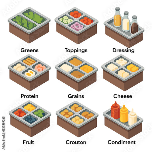 Salad Bar Icons Grid. Isometric Flat icon set of salad bar stations: greens station, toppings station, dressing station, protein
