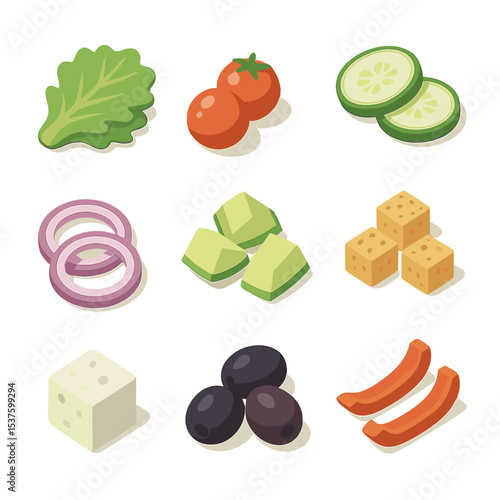 Salad Ingredients Icons. Isometric Flat icon set of salad bowl ingredients: lettuce, cherry tomatoes, cucumber slices, red onion