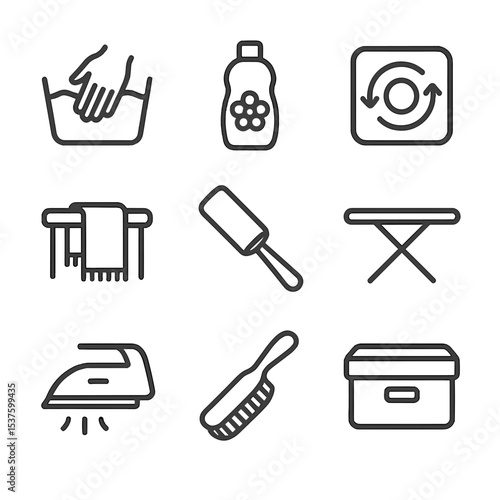 Scarf Care Icons. Outline icon set of scarf care and maintenance: hand wash basin, mild detergent bottle, gentle spin icon, air