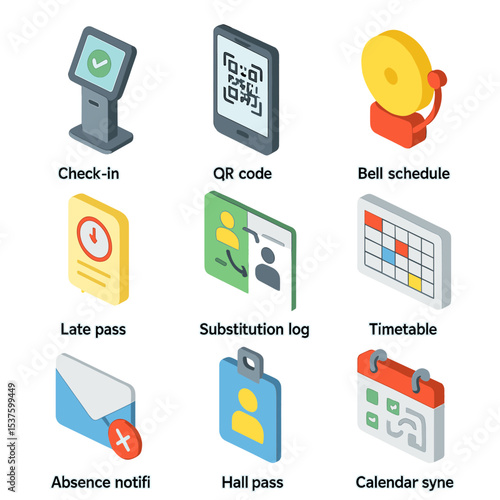Scheduling System Icons. Isometric Flat icon set of attendance and scheduling systems: check-in kiosk, QR code scan, Bell schedule