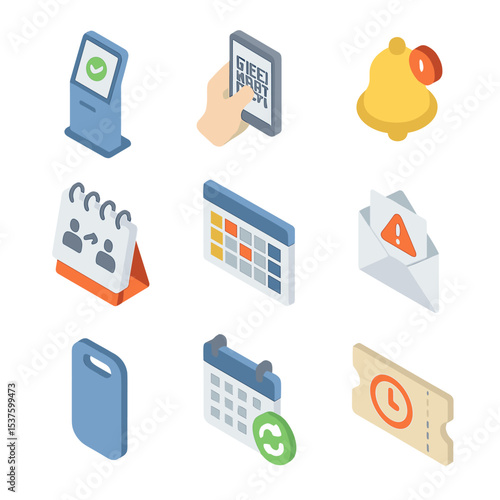 Scheduling System Icons. Isometric Flat icon set of attendance and scheduling systems: check-in kiosk, QR code scan, Bell schedule
