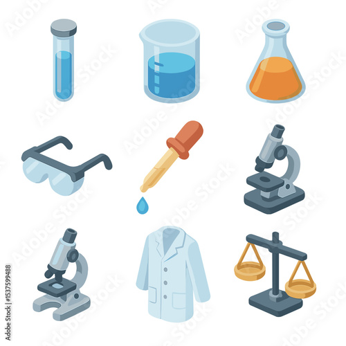 Science Lab Icons. Isometric Flat icon set of lab experimentation: test tube, beaker, flask, safety goggles, dropper, Bunsen