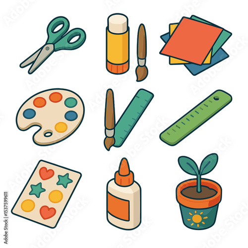 Siblings Craft Icon Set. Isometric Flat icon set of siblings crafting together: scissors, glue stick, colored paper, paintbrush,