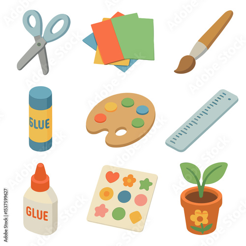 Siblings Craft Icon Set. Isometric Flat icon set of siblings crafting together: scissors, glue stick, colored paper, paintbrush,
