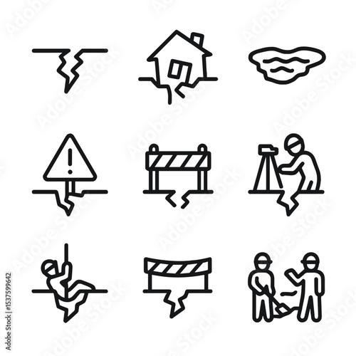 Sinkhole Icon Set. Outline icon set of sinkholes and land collapse: ground crack, collapsed house, water pooling, warning sign,