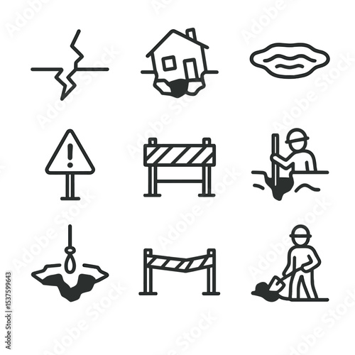 Sinkhole Icon Set. Outline icon set of sinkholes and land collapse: ground crack, collapsed house, water pooling, warning sign,