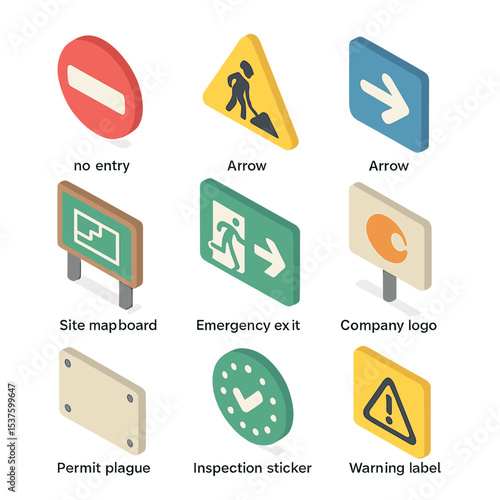 Signage Icons Set. Isometric Flat icon set of signage and regulatory markers: no entry sign, construction sign, directional arrow,