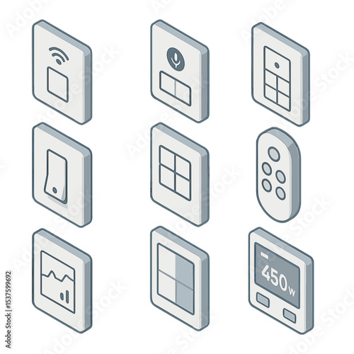 Smart Light Switch Icons. Isometric Flat icon set of smart light switch plates: Wi-Fi switch plate, Alexa voice plate, Google Home