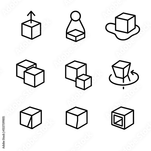 Solid Modeling Icon Set. Outline icon set of solid modeling techniques: extrusion tool, loft feature, sweep path, Boolean union,