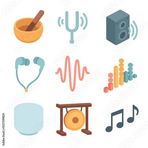 Sound Healing Icons. Isometric Flat icon set of sound healing relief: singing bowl, tuning fork, speaker waves, earphones,