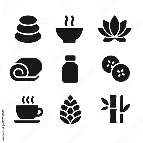 Spa Icon Grid. Solid, Filled icon set of spa rejuvenation: hot stone, steam bowl, lotus flower, towel roll, essential oil bottle,