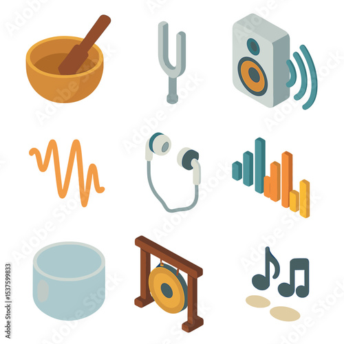 Sound Healing Icons. Isometric Flat icon set of sound healing relief: singing bowl, tuning fork, speaker waves, earphones,