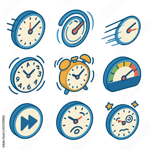 Speed Time Icon Set. Isometric Flat icon set of speeding clock hands: spinning hour hand, whirling minute hand, blurred second