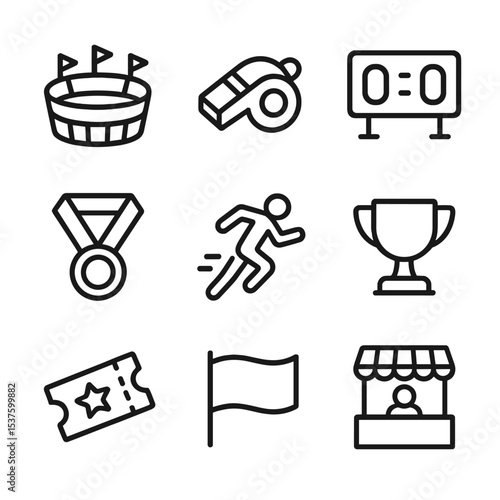 Sports Icon Set. Outline icon set of sports events: stadium, whistle, scoreboard, medal, athlete sprint, trophy cup, ticket, fan