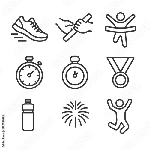 Sports Day Icons. Outline icon set of sports day action: running shoe, baton handoff, finish line tape, stopwatch timer, medal