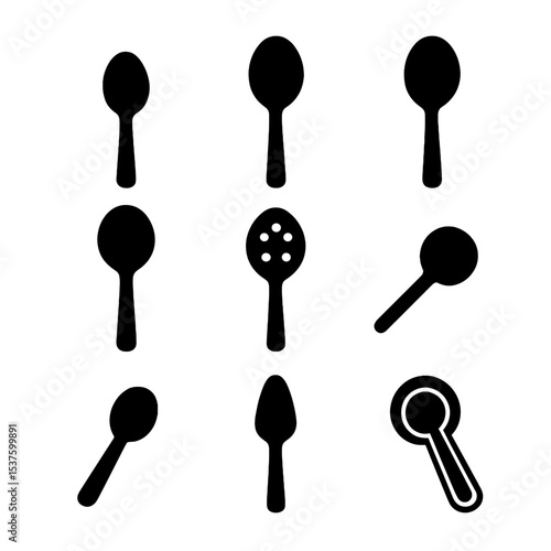 Spoon Icon Set. Solid, Filled icon set of metal spoon types: teaspoon, tablespoon, dessert spoon, soup spoon, serving spoon,