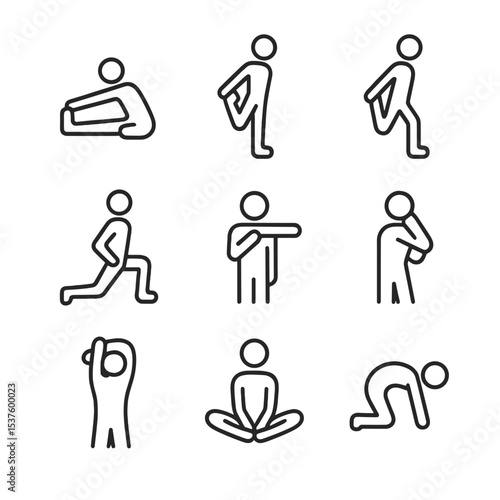 Stretching Routine Icons. Outline icon set of stretching routines: hamstring stretch, quad stretch, calf stretch, hip flexor