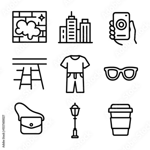 Street Style Icons. Outline icon set of street style photography: graffiti wall, urban skyline, sidewalk, camera phone, casual