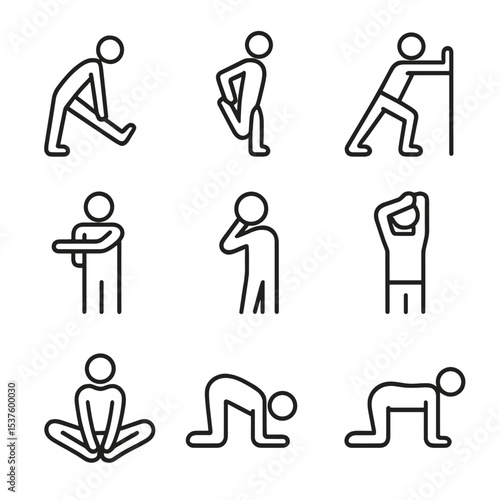 Stretching Routine Icons. Outline icon set of stretching routines: hamstring stretch, quad stretch, calf stretch, hip flexor