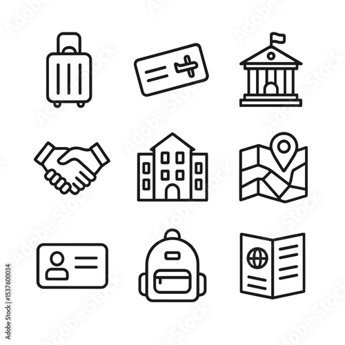 Student Exchange Icons. Outline icon set of student exchange programs: suitcase, boarding pass, university building, handshake,