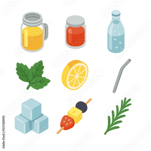 Summer Mocktail Icon Set. Isometric Flat icon set of non‐alcoholic summer mocktails: mason jar, fruit puree, sparkling water, mint