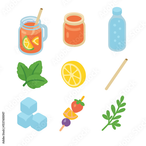 Summer Mocktail Icon Set. Isometric Flat icon set of non‐alcoholic summer mocktails: mason jar, fruit puree, sparkling water, mint