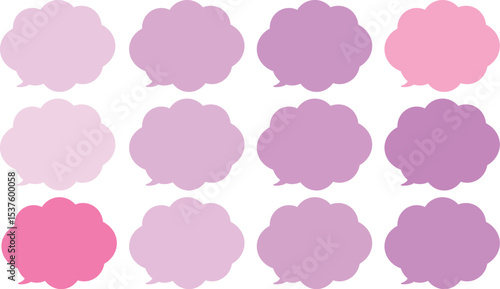 All the bubbles have a distinctive, rounded, cloud-like, or scalloped edge design. This vector image features twelve speech bubbles.