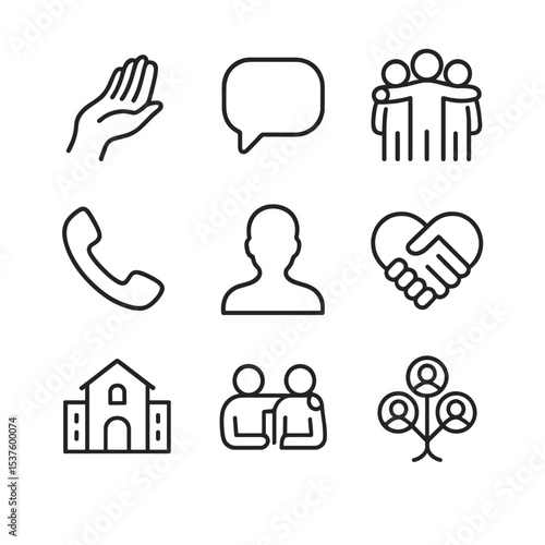 Support Network Icons. Outline icon set of support network: helping hand, chat bubble, group hug, phone call, counselor silhouette