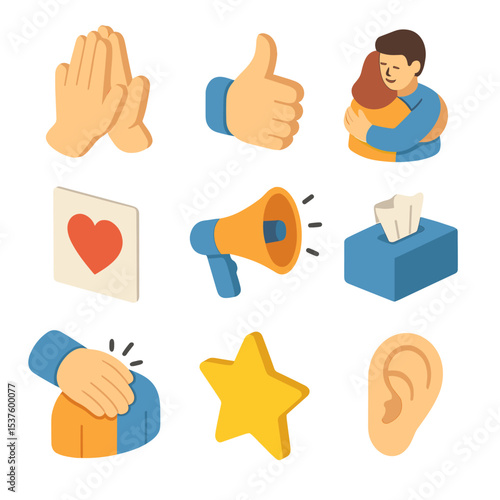 Supportive Gestures Icons. Isometric Flat icon set of supportive gestures: high-five hands, thumbs-up, hug embrace, thank-you note