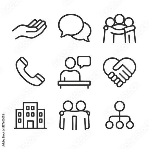 Support Network Icons. Outline icon set of support network: helping hand, chat bubble, group hug, phone call, counselor silhouette