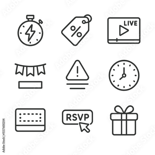 Tech Sale Icon Set. Outline icon set of tech sale events: flash sale timer, percentage discount tag, live stream icon, event