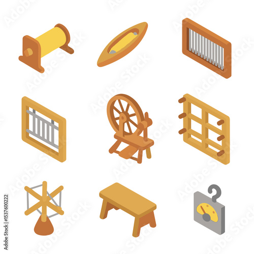 Textile Tools Icons. Isometric Flat icon set of textile production tools: warp beam, shuttle bobbin, weaving reed, heddle frame,