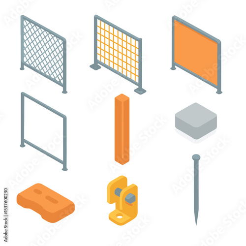 Temporary Fence Icons. Isometric Flat icon set of temporary fence panels: chain-link panel, mesh panel, solid panel, panel frame,
